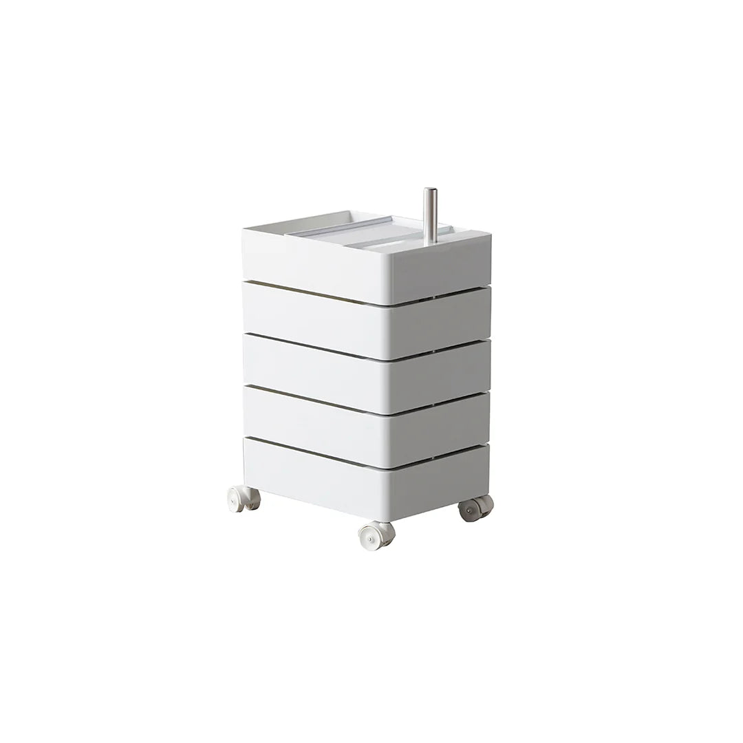 White vanity unit with drawers and a faucet on a white background