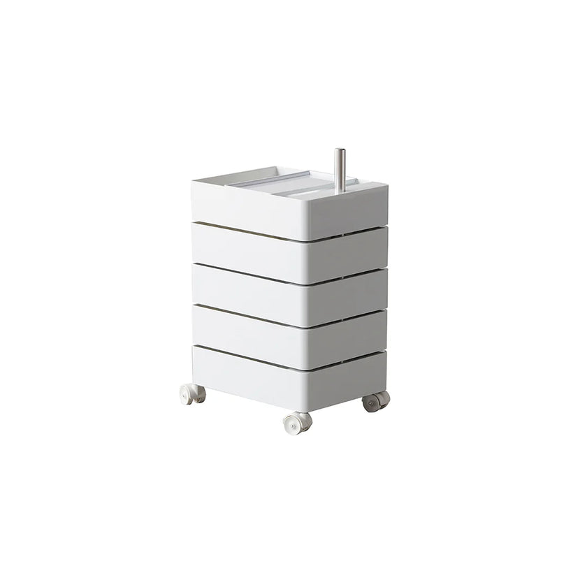 White vanity unit with drawers and a faucet on a white background