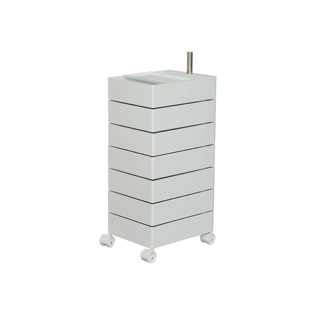 White cylindrical storage unit with multiple drawers on a white background