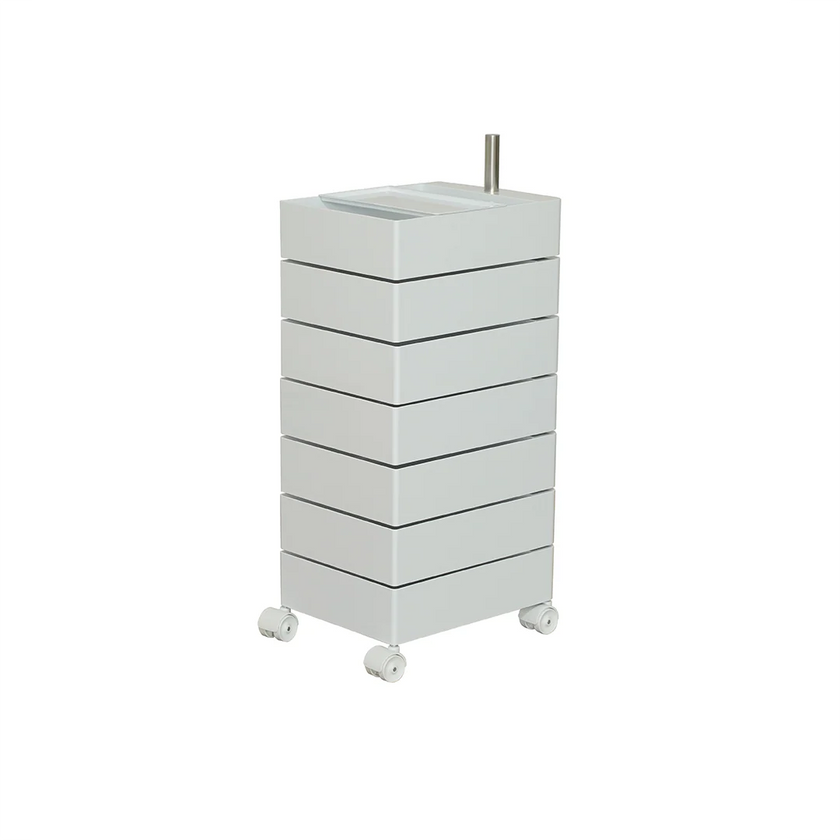 White cylindrical storage unit with multiple drawers on a white background
