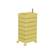 Yellow metal storage tower with multiple drawers on a white background