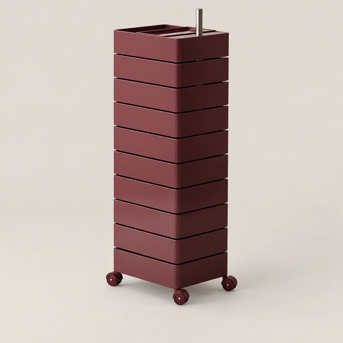 A tall, multi-tier rolling storage cart in a deep burgundy color, featuring a rectangular top tray with a small metal handle and four caster wheels, set against a plain light beige background.