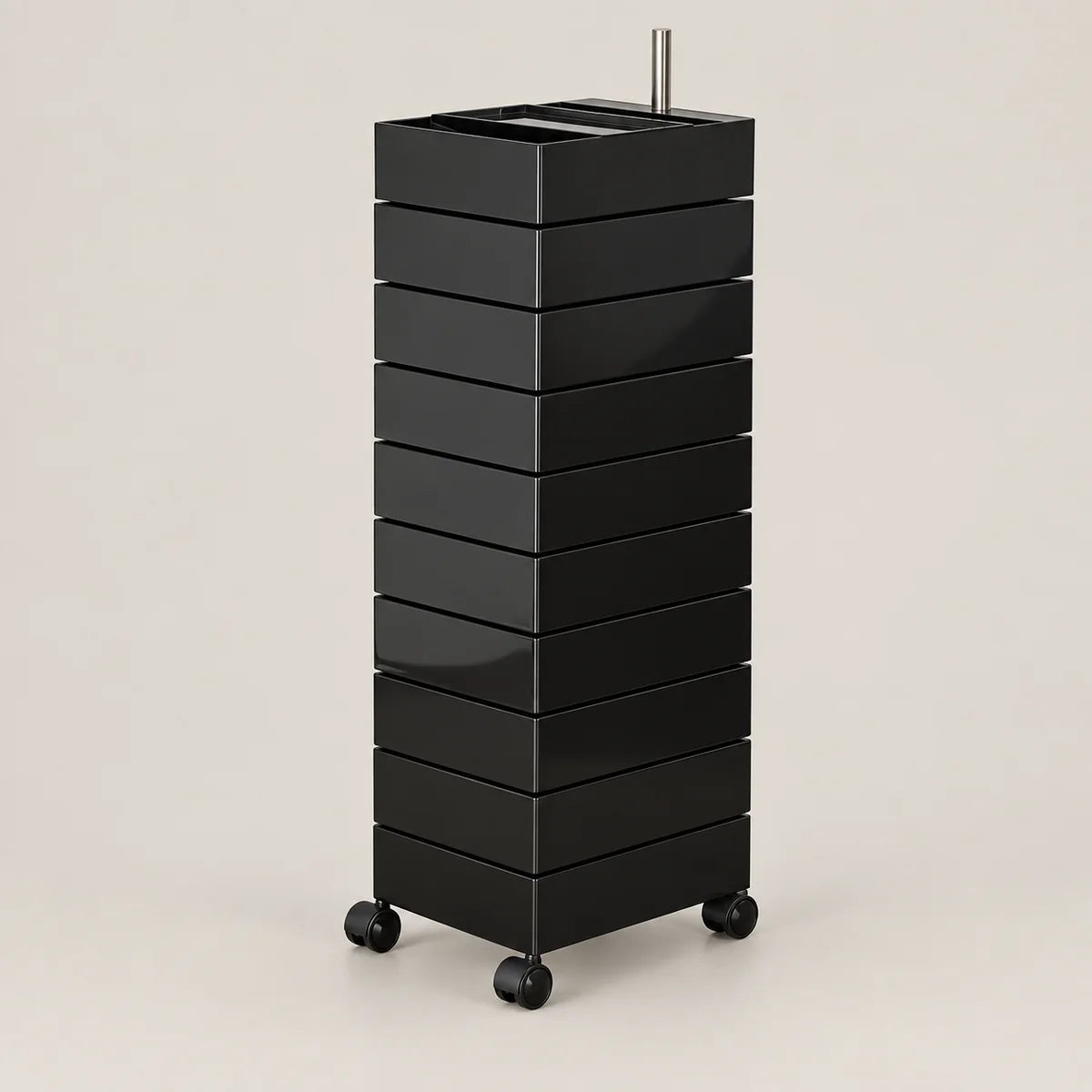 A black rolling storage cart with multiple stacked drawers and a metal handle, shown on a plain light beige studio background.