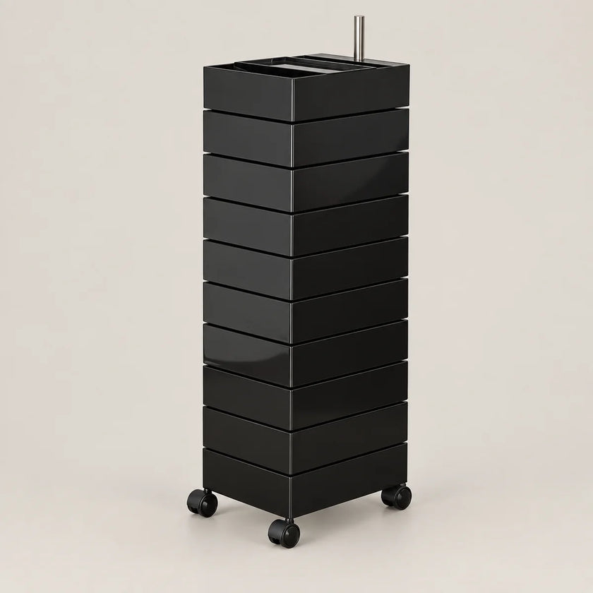 A black rolling storage cart with multiple stacked drawers and a metal handle, shown on a plain light beige studio background.