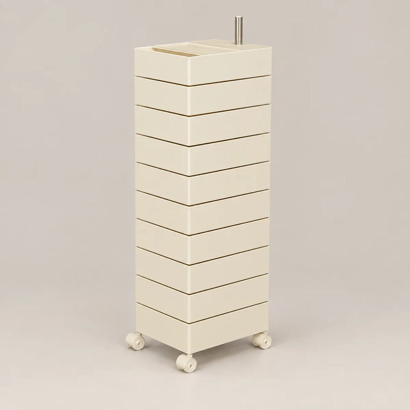 A tall, cream-colored rolling storage cabinet with multiple stacked drawers and a metal handle on top, set against a solid light gray background.