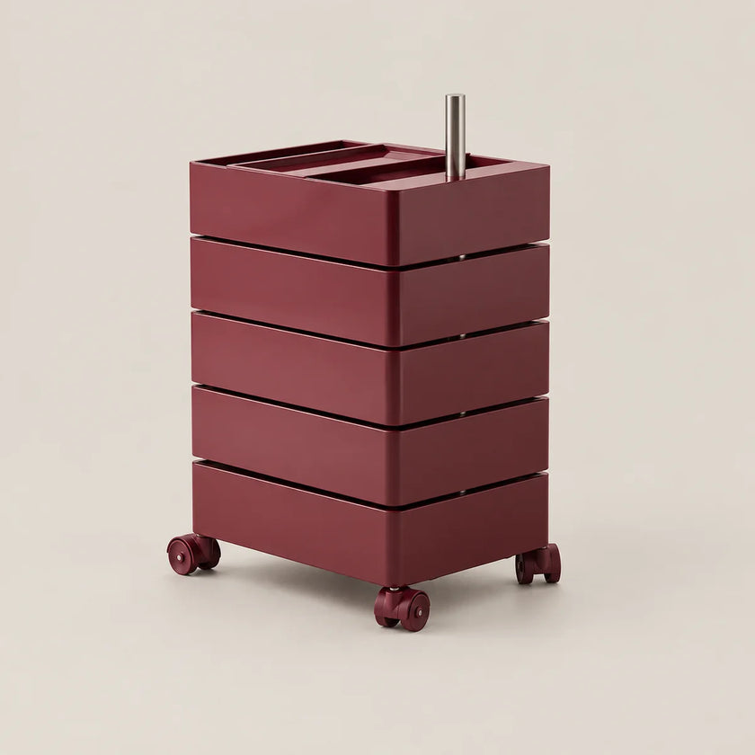 A dark red rolling storage cart with five stacked drawers and a metal handle, shown on a light beige background.