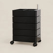 A black rolling storage cart with five drawers and a top organizer tray, shown on a plain beige studio background.