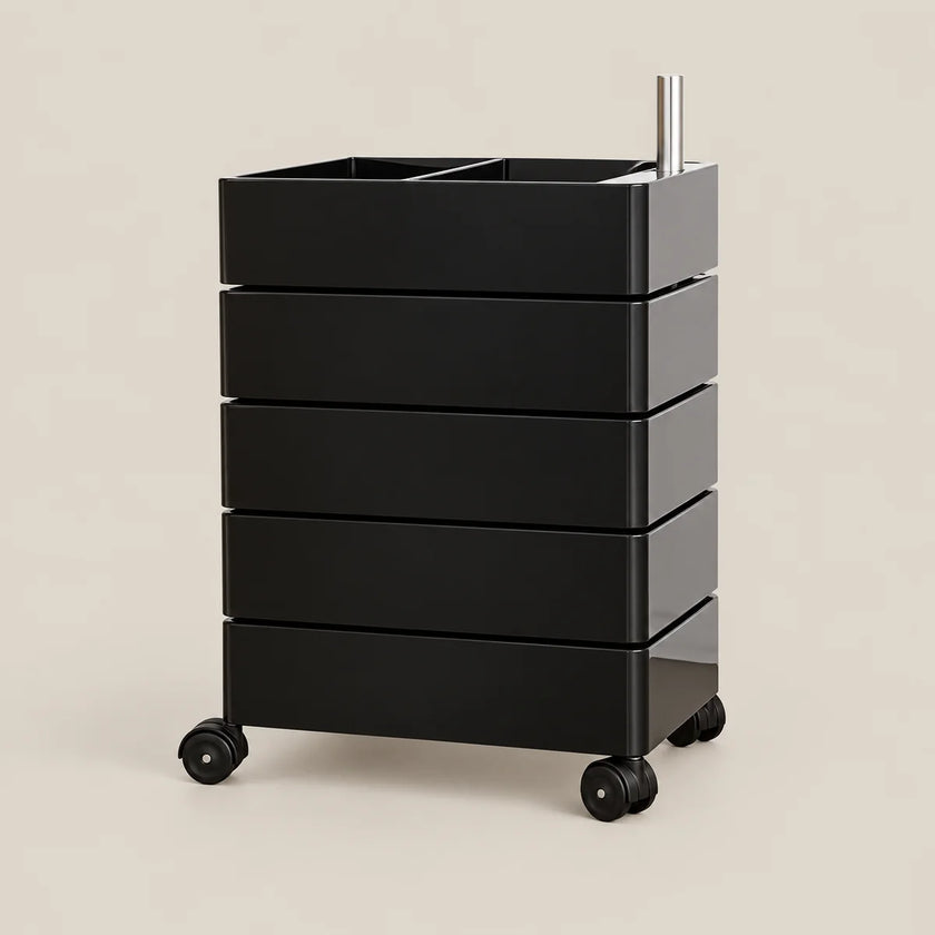 A black rolling storage cart with five drawers and a top organizer tray, shown on a plain beige studio background.