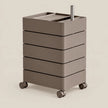 A five-tier rolling storage cart in a warm taupe-brown color, featuring a top tray with a metal rod holder, set against a solid light beige background.