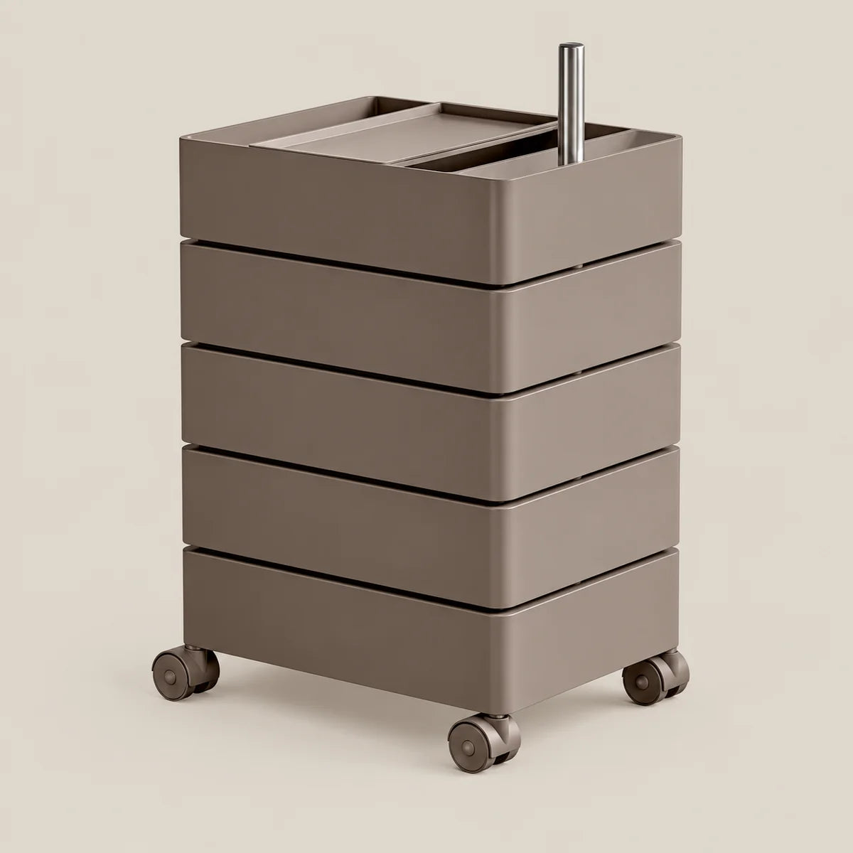 A five-tier rolling storage cart in a warm taupe-brown color, featuring a top tray with a metal rod holder, set against a solid light beige background.