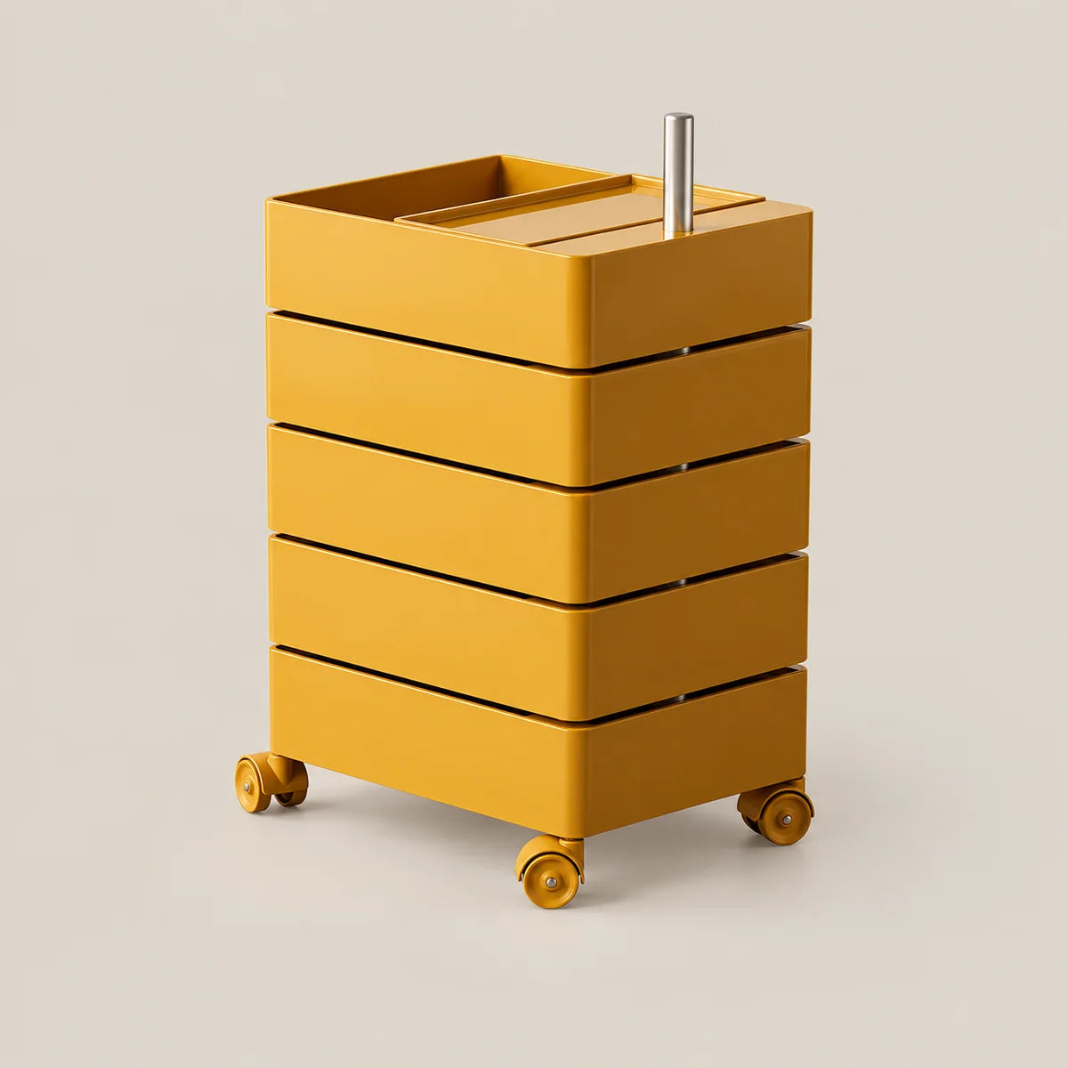 A mustard yellow rolling storage cart with five drawers and a top tray, shown on a plain warm beige background.