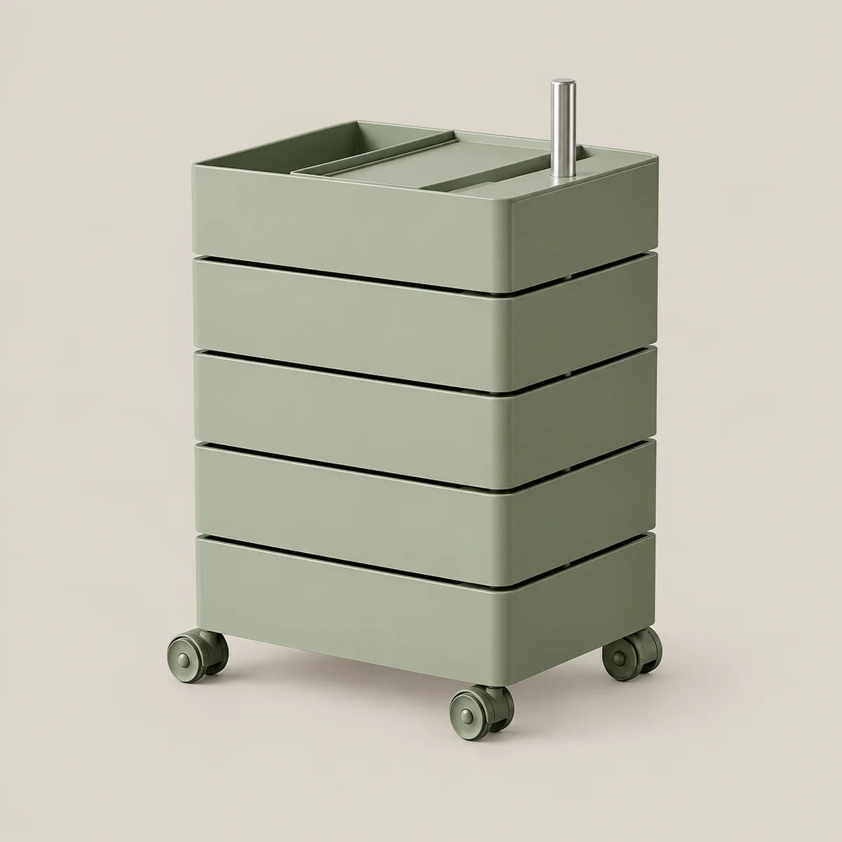 A sage green rolling storage cart with five drawers and a top organizer tray, shown on a plain light beige background.