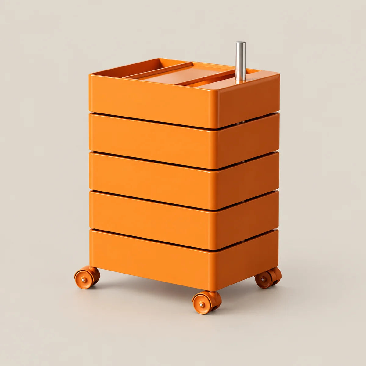 An orange rolling storage cart with five stacked drawers and a top tray, shown on a plain beige studio background.