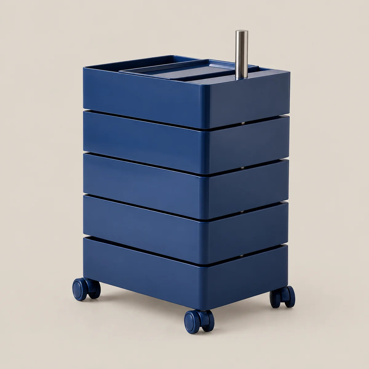 A navy blue rolling storage cart with five stacked drawers and a silver metal handle, shown on a plain beige background.