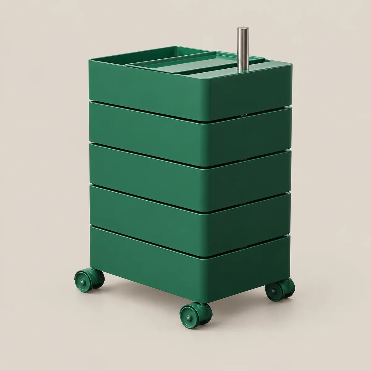 A green rolling storage cart with five stacked drawers and a metal handle, shown on a plain beige background.