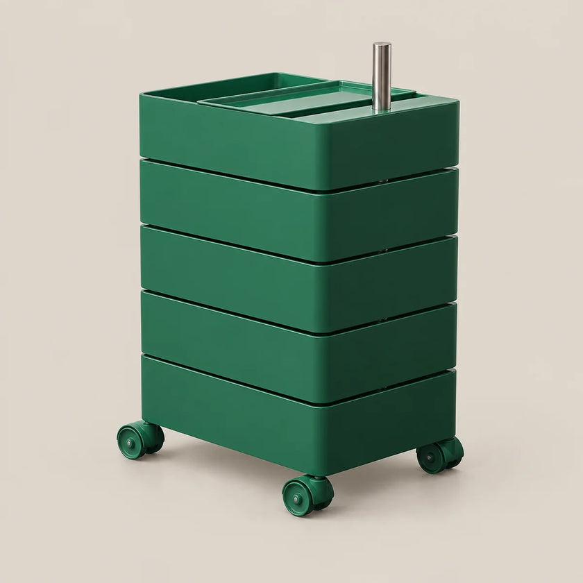 A green rolling storage cart with five stacked drawers and a metal handle, shown on a plain beige background.