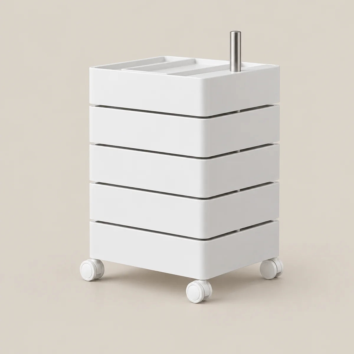 A white rolling storage cart with five drawers and a metal stand on top, shown on a plain beige background.