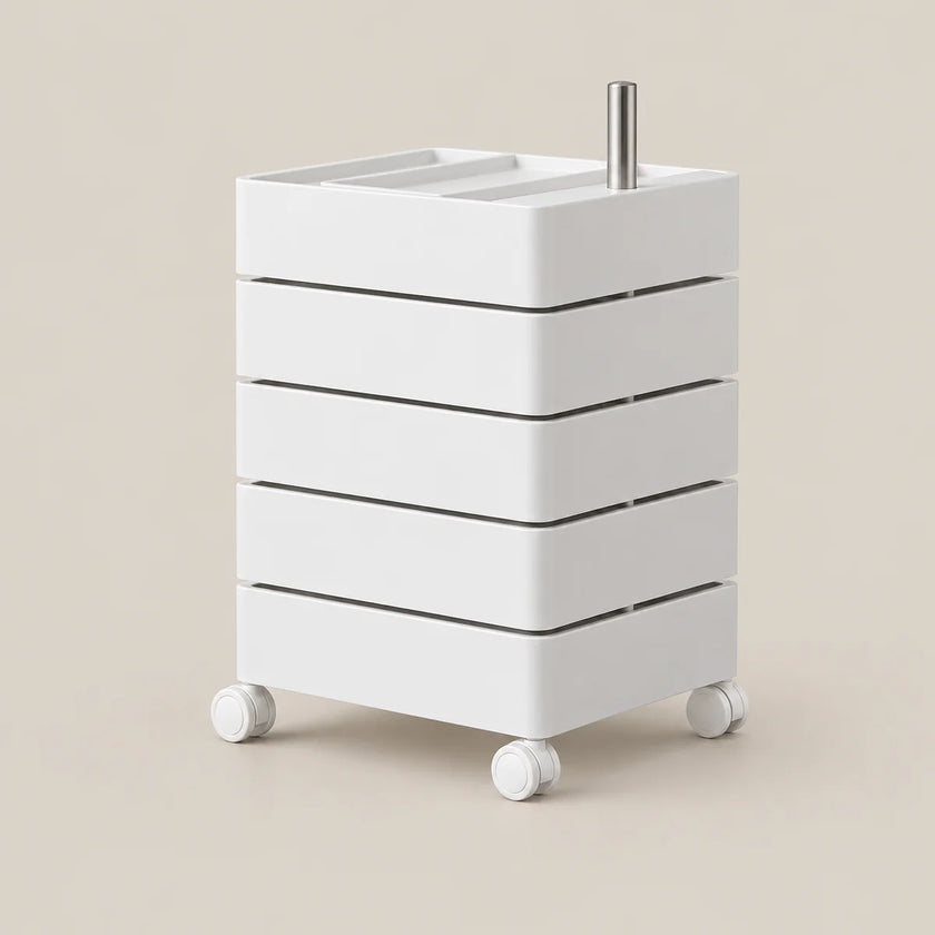 A white rolling storage cart with five drawers and a metal stand on top, shown on a plain beige background.