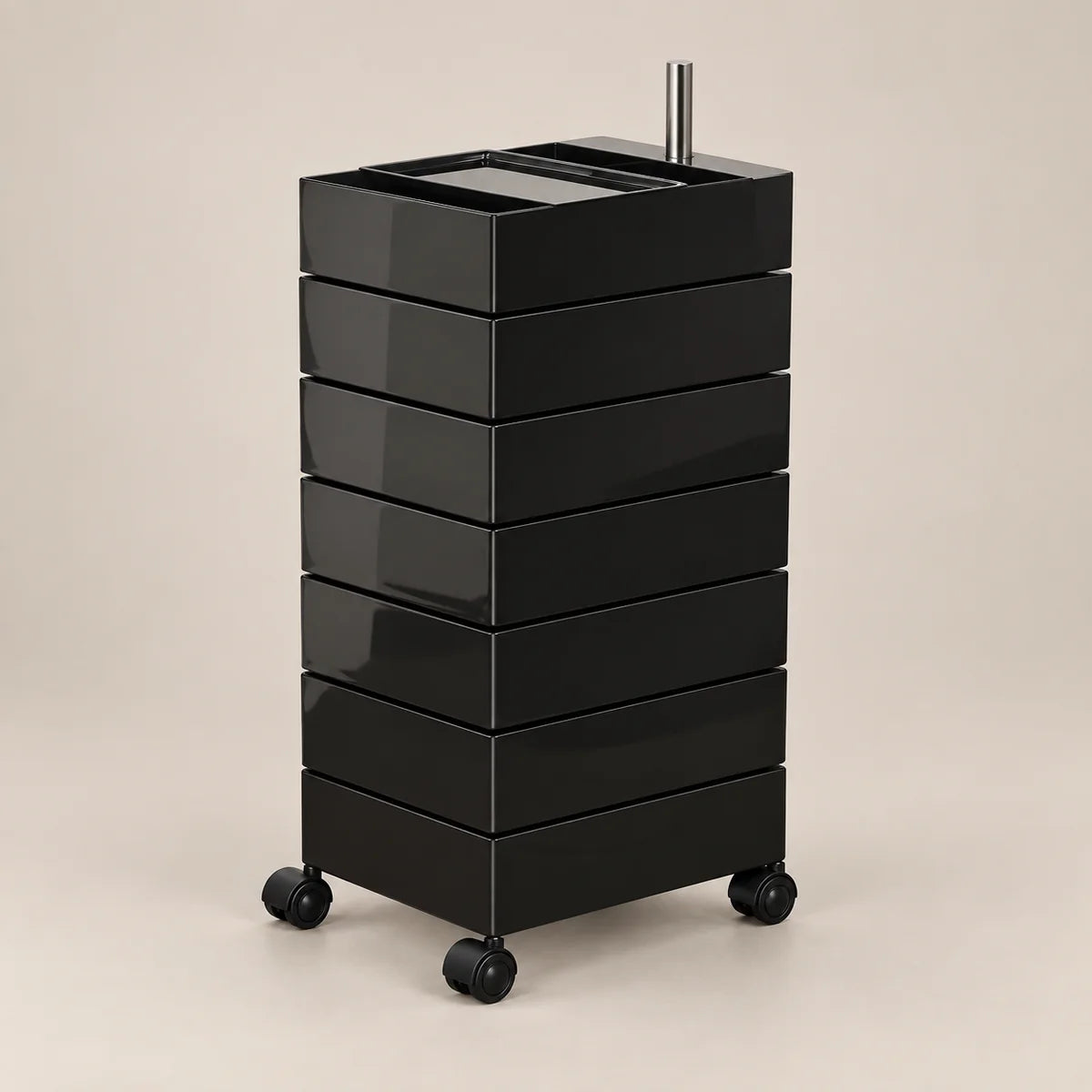A black 6-drawer rolling storage cart with a glossy finish, featuring a metal handle on top and black caster wheels, set against a solid beige background.