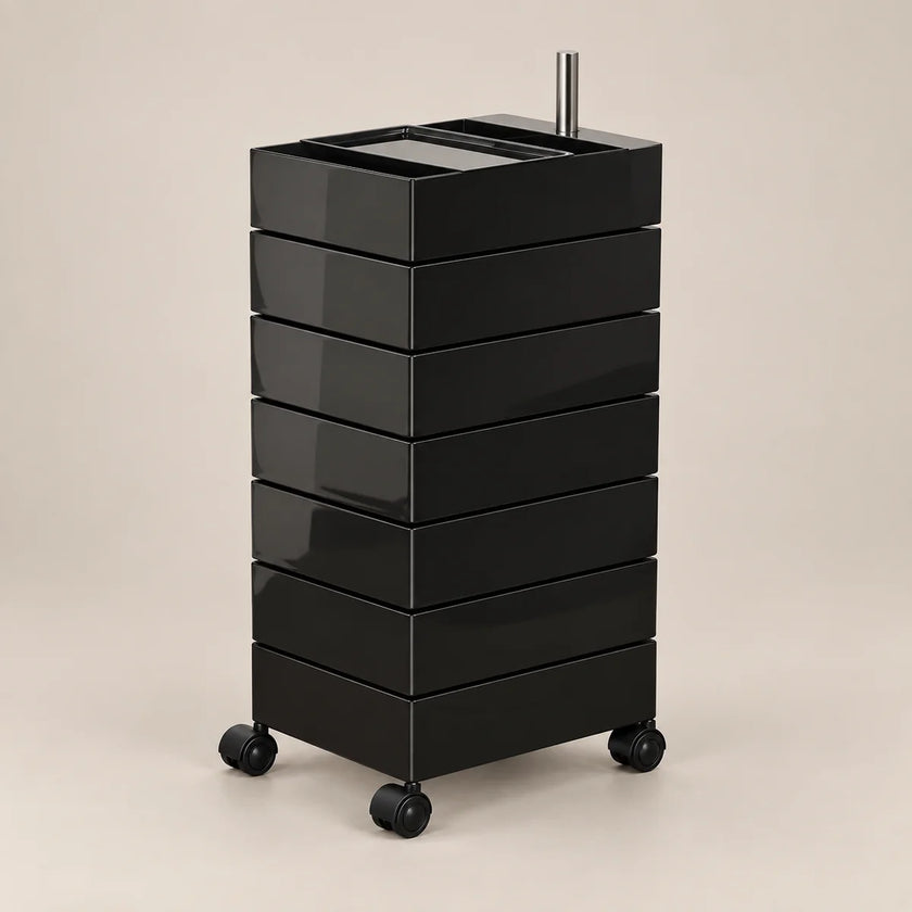 A black 6-drawer rolling storage cart with a glossy finish, featuring a metal handle on top and black caster wheels, set against a solid beige background.