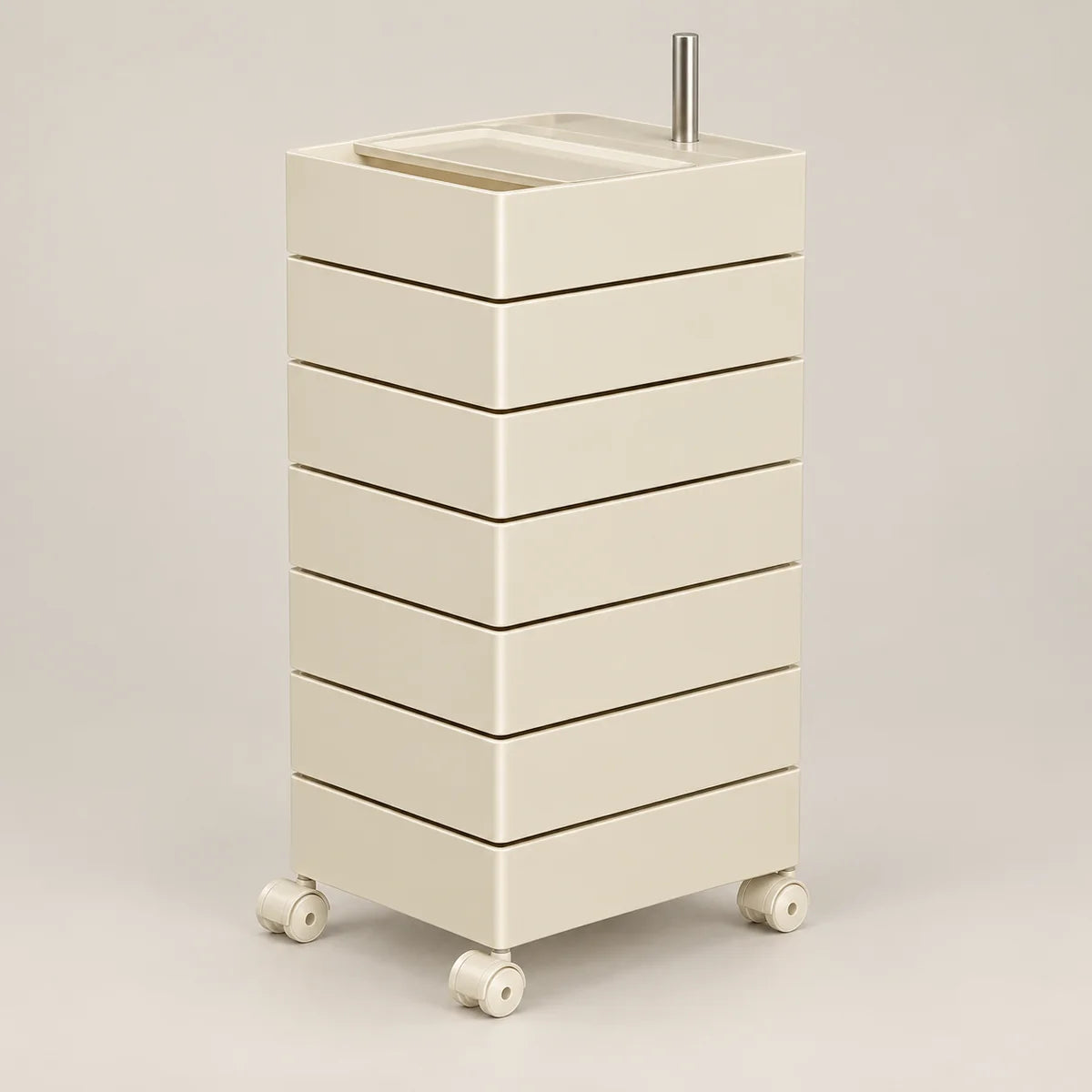 An off-white plastic rolling storage cart with six drawers, four caster wheels, and a metal handle on top, shown against a neutral light gray background.