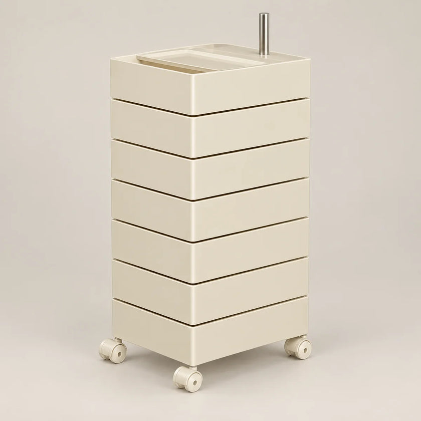 An off-white plastic rolling storage cart with six drawers, four caster wheels, and a metal handle on top, shown against a neutral light gray background.