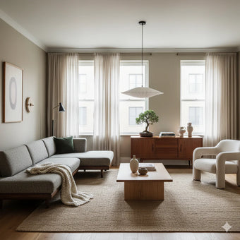 Modern living room with neutral tones, a sectional sofa, coffee table, and decorative items.