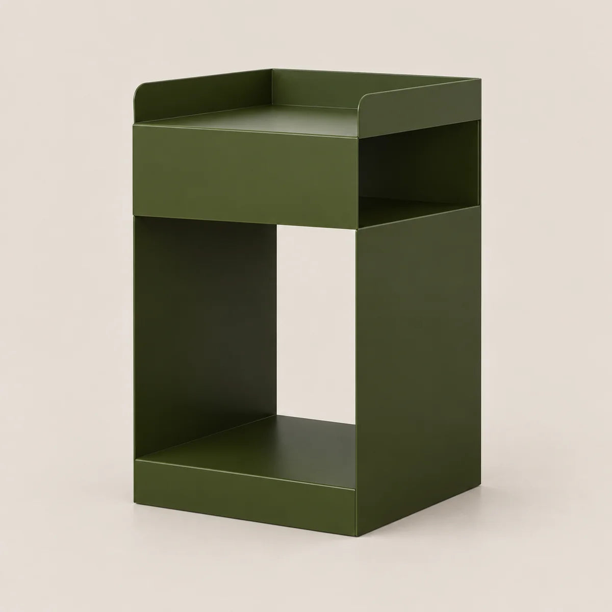An olive green metal side table with a minimalist open design, featuring a top tray, a central open shelf, and a bottom shelf, set against a solid light beige background.