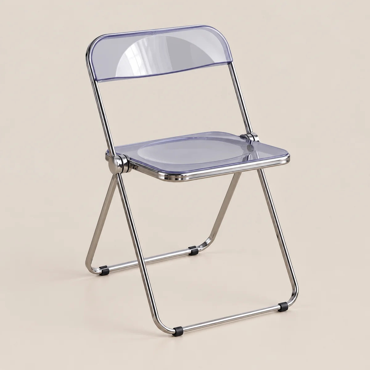 A folding chair with a transparent light purple plastic seat and backrest, supported by a silver metal frame, shown on a solid beige background.