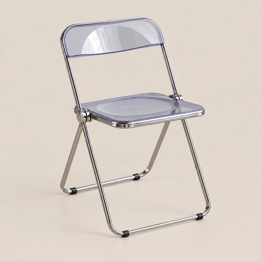 A folding chair with a transparent light purple plastic seat and backrest, supported by a silver metal frame, shown on a solid beige background.
