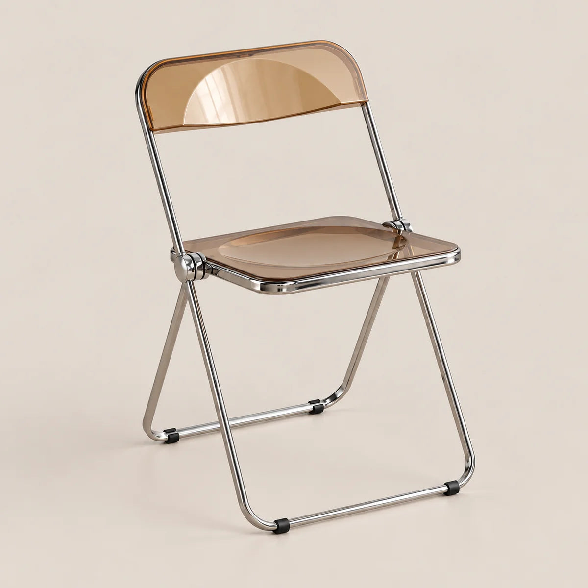 A modern folding chair with a translucent smoky brown seat and backrest, supported by a slim chrome metal frame, shown on a solid light beige background.