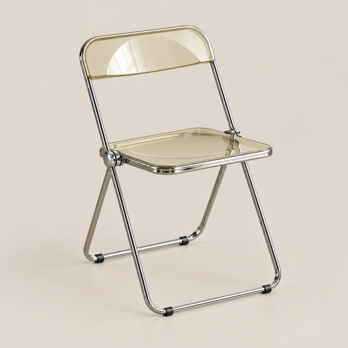 A modern folding chair with a transparent, frosted pale yellow seat and backrest, supported by a polished chrome metal frame, set against a solid beige background.