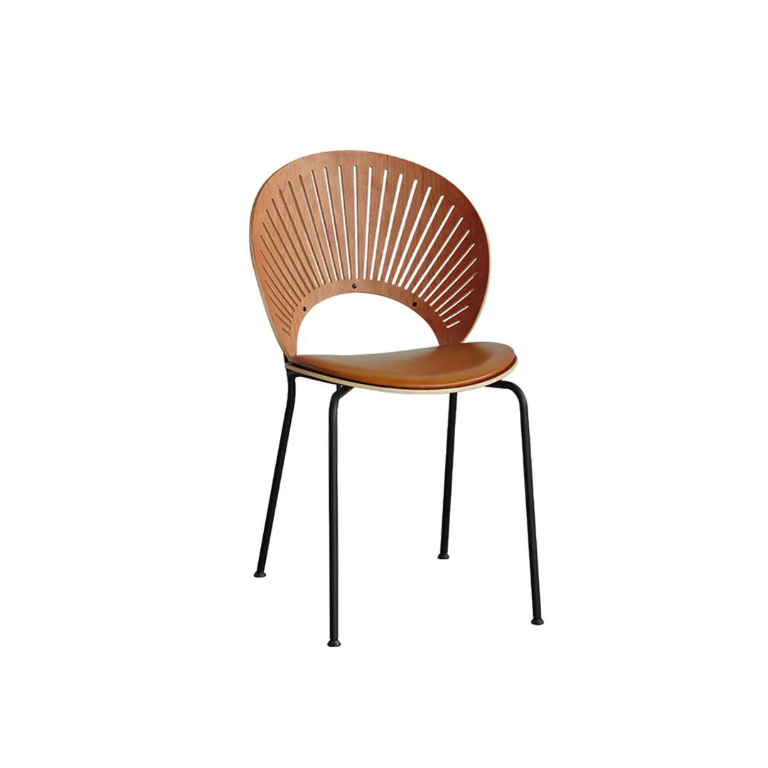 Wooden chair with black metal legs on a white background