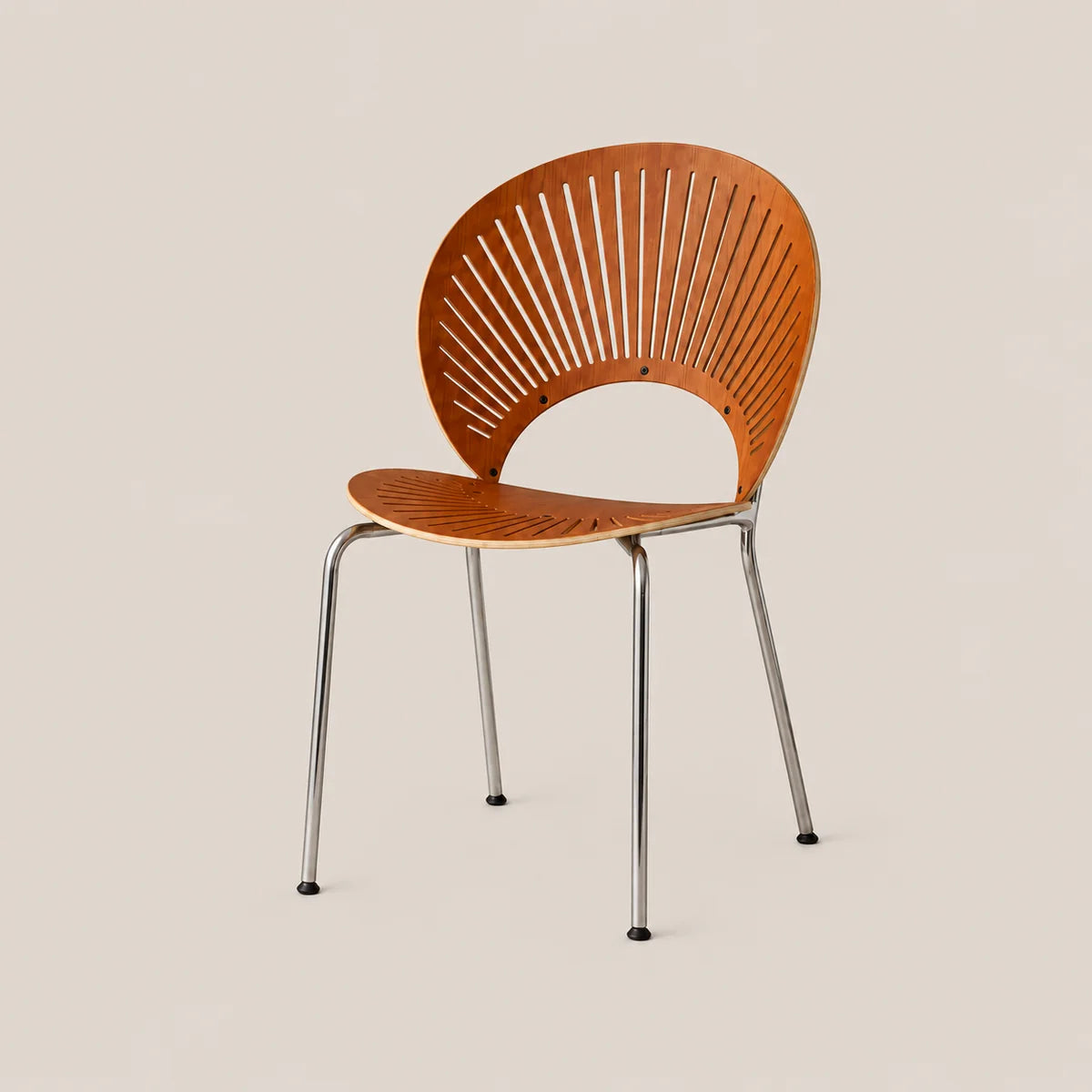 A mid-century modern wooden dining chair with a slatted oval backrest and seat, supported by slim chrome legs, shown against a solid beige background.