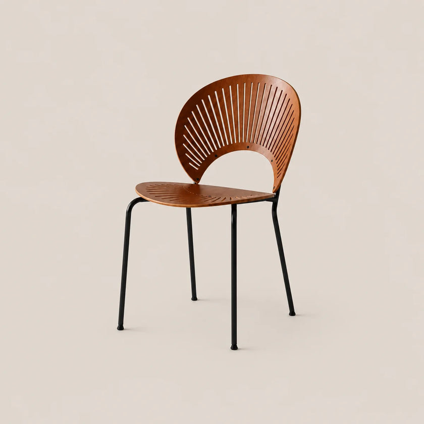 A modern slatted chair with a warm brown wooden seat and backrest, supported by four black metal legs, set against a solid beige background.