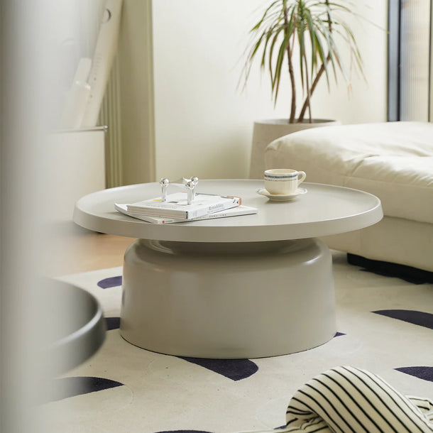 Round coffee table in a living room with a plant and books on top
