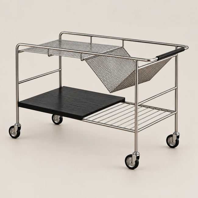 A modern two-tier metal serving cart with a black wood-look shelf, black mesh upper tray, hanging mesh bag, and black caster wheels, shown on a solid light beige background.