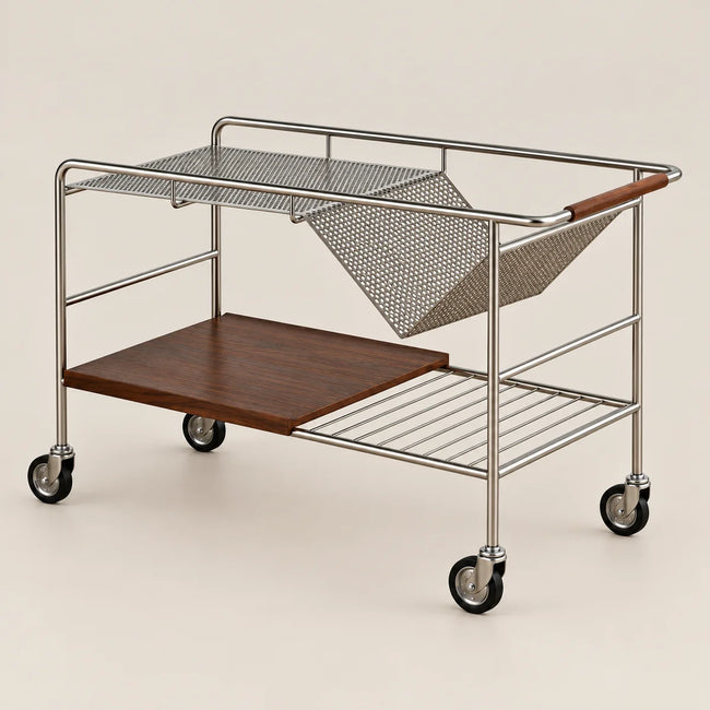A modern two-tier metal bar cart with dark wood shelves and a hanging mesh bag, shown on a plain beige background.