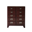 Brown dresser with multiple drawers on a white background