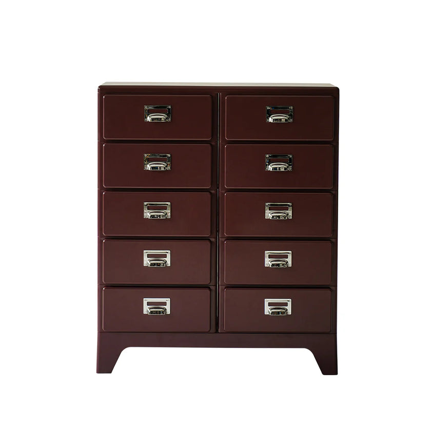 Brown dresser with multiple drawers on a white background