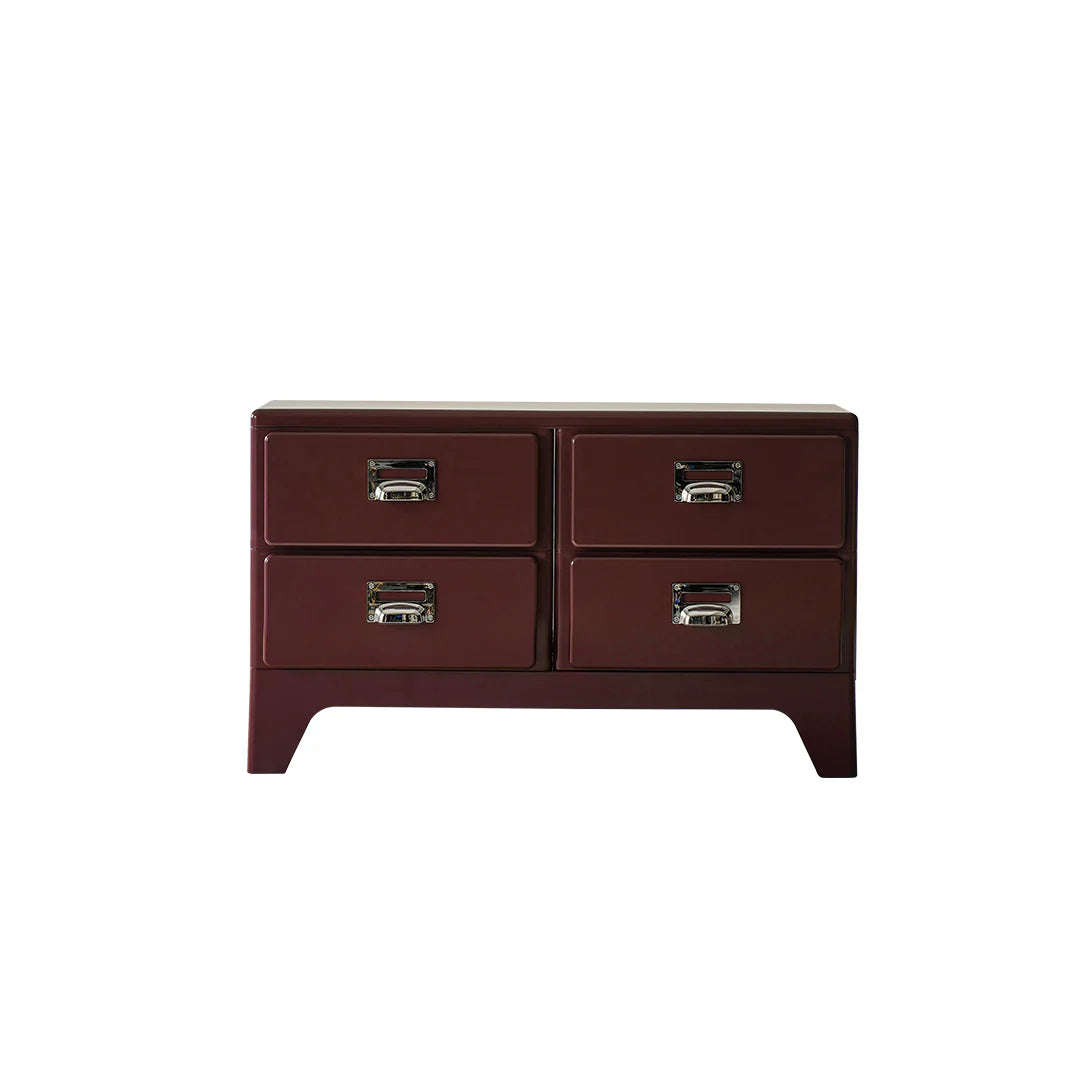Brown four-drawer dresser with silver handles on a white background