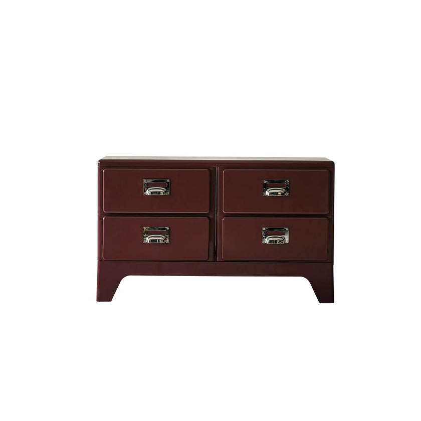 Brown four-drawer dresser with silver handles on a white background