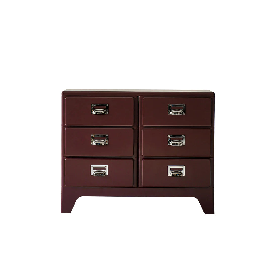 Brown dresser with six drawers on a white background