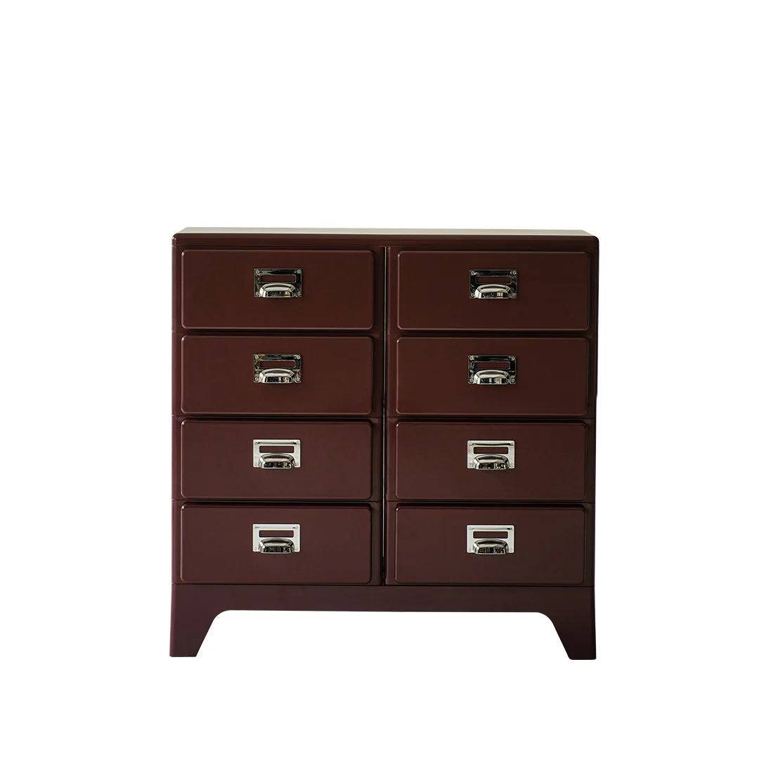 Brown dresser with multiple drawers on a white background