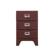 Brown three-drawer nightstand with silver handles on a white background