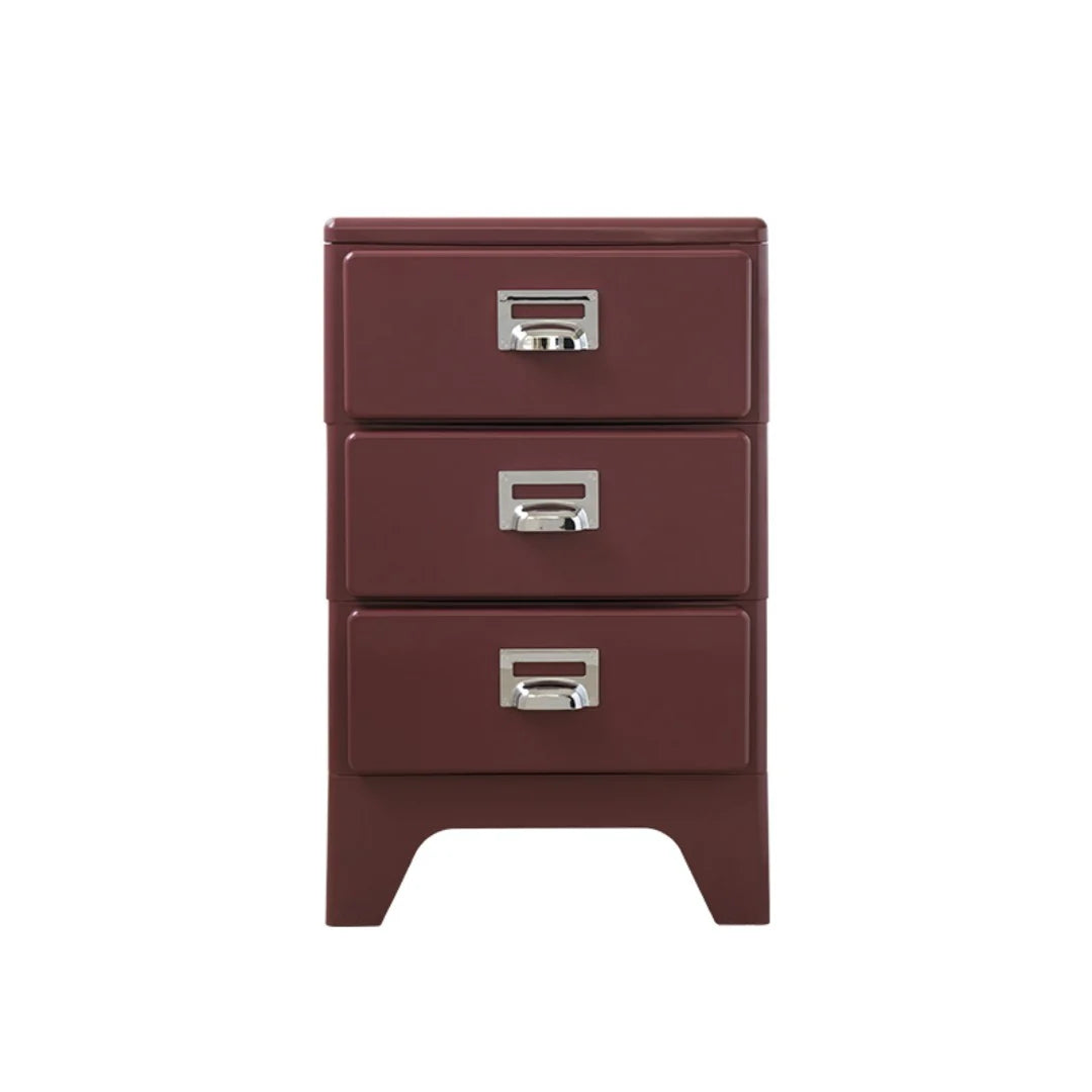 Brown three-drawer nightstand with silver handles on a white background
