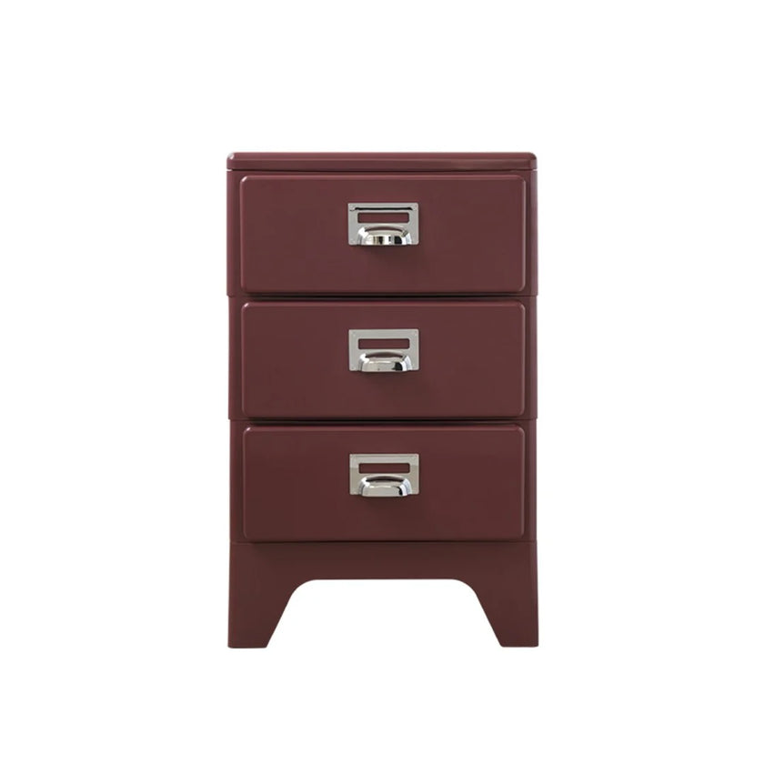 Brown three-drawer nightstand with silver handles on a white background