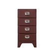 Brown four-drawer cabinet with silver handles on a white background