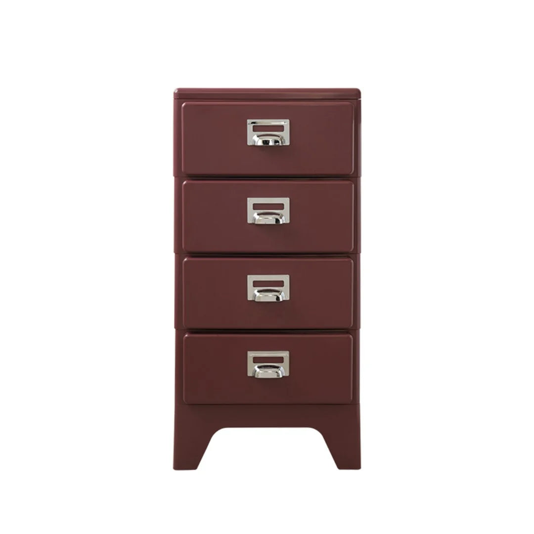 Brown four-drawer cabinet with silver handles on a white background