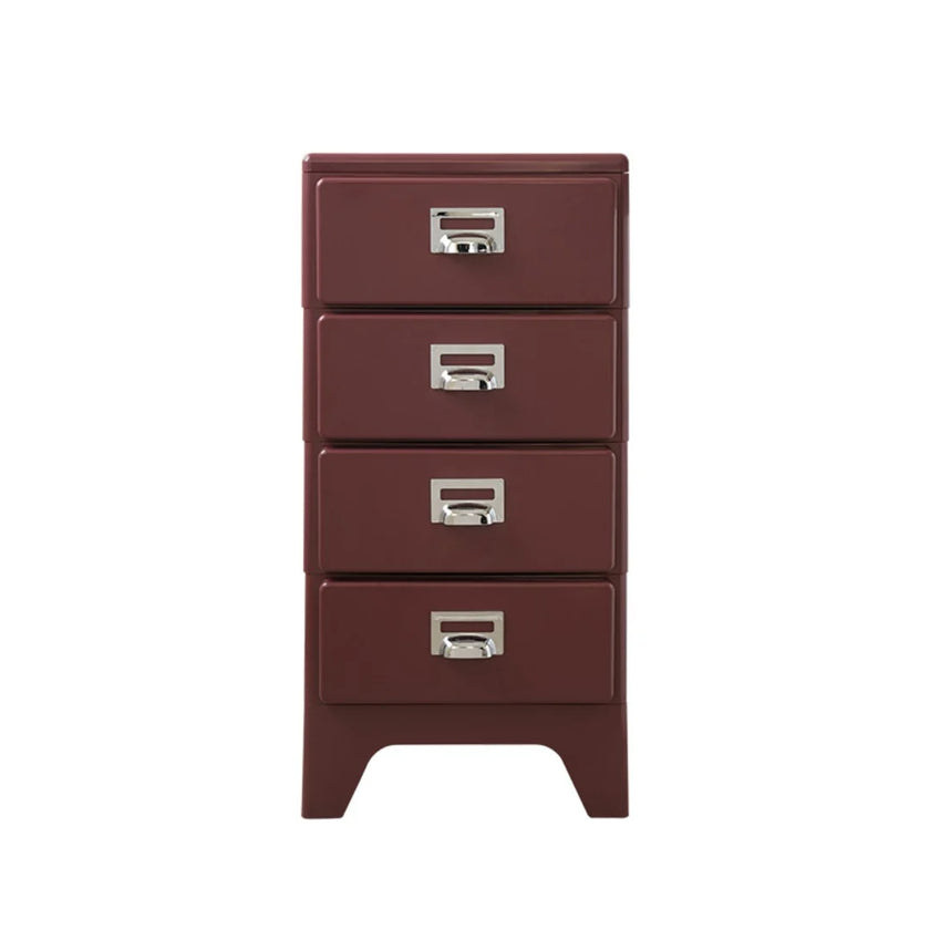 Brown four-drawer cabinet with silver handles on a white background